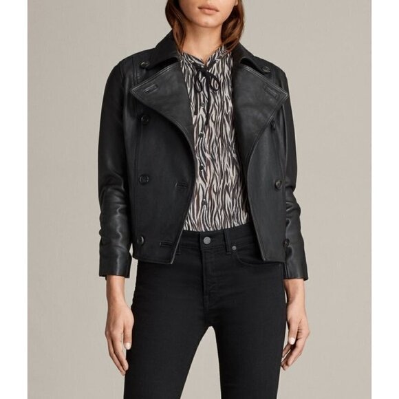 ALL SAINTS Deebee Leather Double Breast Button Front Blazer Jacket Black Size 2